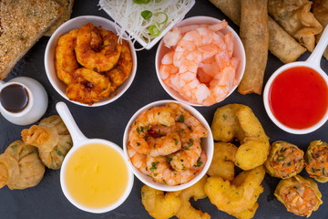 Asian Prawn Selection.  Selection of Prawns with Asian side dishes and Prawn Crackers.