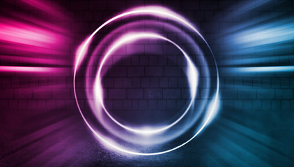 Empty scene background. Brick wall with multicolored neon lights and smoke. Neon shapes on a dark background. Dark abstract background