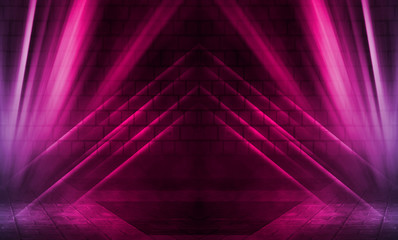 Empty scene background. Brick wall with multicolored neon lights and smoke. Neon shapes on a dark background. Dark abstract background
