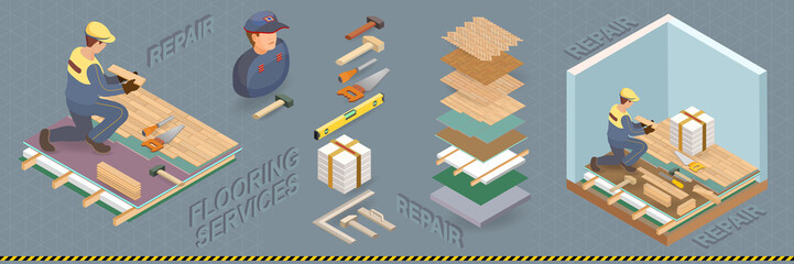 The construction worker is laying parquet. Vector isometric  illustration.