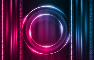 Empty background scene. Dark reflection of the street on the wet asphalt. Rays of neon light in the dark, neon figures, smoke. Night view of the street, the city. Abstract dark background.