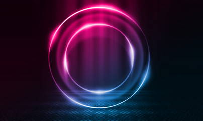 Empty background scene. Dark reflection of the street on the wet asphalt. Rays of neon light in the dark, neon figures, smoke. Night view of the street, the city. Abstract dark background.