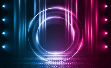 Empty background scene. Dark reflection of the street on the wet asphalt. Rays of neon light in the dark, neon figures, smoke. Night view of the street, the city. Abstract dark background.