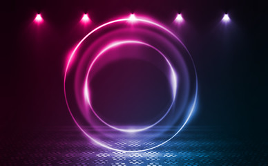 Empty background scene. Dark reflection of the street on the wet asphalt. Rays of neon light in the dark, neon figures, smoke. Night view of the street, the city. Abstract dark background.