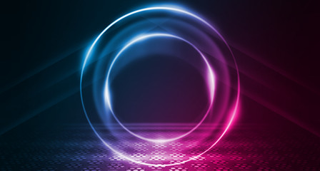 Empty background scene. Dark reflection of the street on the wet asphalt. Rays of neon light in the dark, neon figures, smoke. Night view of the street, the city. Abstract dark background.