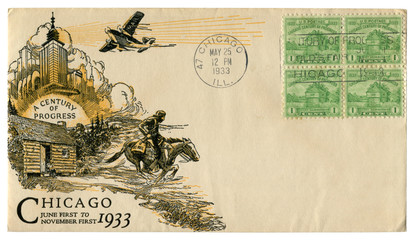 Chicago, Illinois, The USA  - 25 MAY 1933: US historical envelope: cover with art cachet A Century of Progress, four green postage stamps one cent, fort dearborn, cancellation world's fair