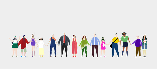 Lots of people standing in line and holding hands together. Leaving together, working together, help and support idea. Flat design human's characters in colourful clothes. 