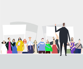 Businessman talking in front of the people, election, advertisement concept. Doing business together. Flat design human's characters in colourful clothes. 