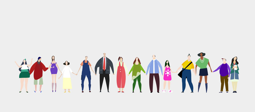 Lots Of People Standing In Line And Holding Hands Together. Leaving Together, Working Together, Help And Support Idea. Flat Design Human's Characters In Colourful Clothes. 