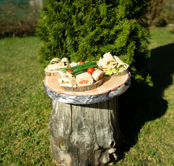 Picnic stump with Roll salmon, avocado, green salad, onions, tomatoes1