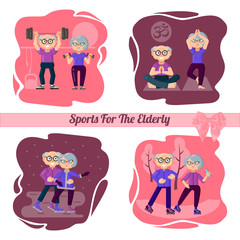 Character set. Active older people are engaged in sports. Sports for the elderly