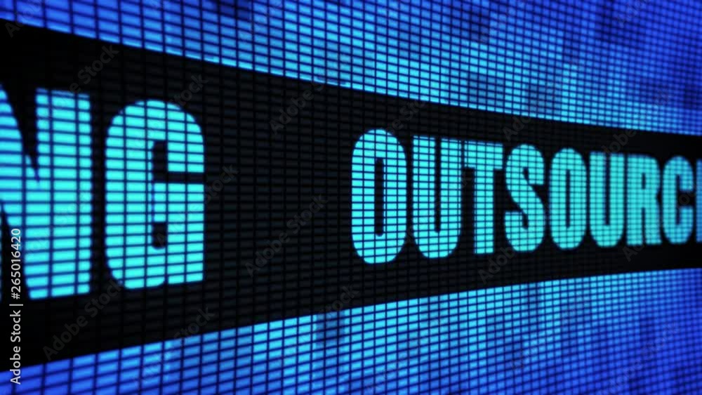 Poster outsourcing side text scrolling on light blue digital led display board pixel light screen looped an