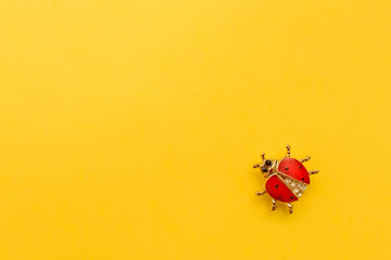 Decoration ladybug on yellow background. Copy space