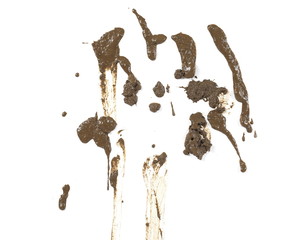 Drops of mud sprayed isolated on white background, with clipping path