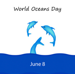 Fototapeta premium World Oceans Day. June 8. Dolphins on the background of the ocean. Vector illustration