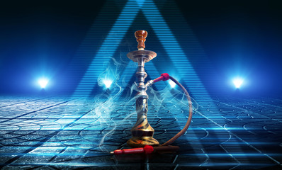 Hookah, smoke on a dark abstract background. Background of empty scenes with neon lights, the...