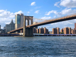 Fototapeta na wymiar View of Brooklyn Bridge and Manhattan skyline - New York City downtown. New York City - Stunning panoramic view of Brooklyn and Manhattan Bridge with skyline.