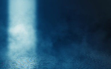 Empty background scene. Dark street reflection on the wet pavement. Rays of blue neon light in the dark, neon figures, smoke. Night view of the street, the city. Abstract dark background.