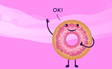 Cute donut cartoon illustration with quote “Ok” for greeting card design