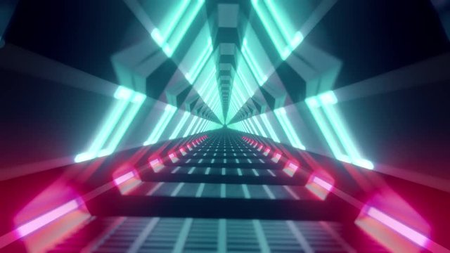 Flying through metallic glowing rotating neon triangles creating a tunnel, blue red pink violet spectrum, fluorescent ultraviolet light, modern colorful lighting, 4k seamless loop animation