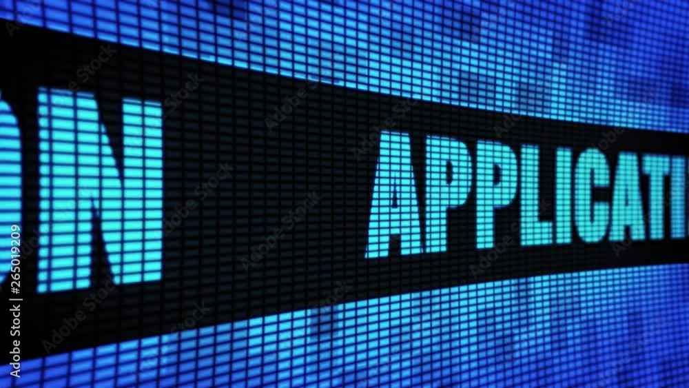 Poster application side text scrolling on light blue digital led display board pixel light screen looped an
