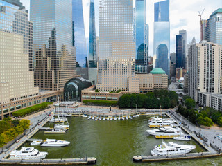 Aerial view Boats & ships docked at the North Cove Marina at Battery Park in Manhattan with...