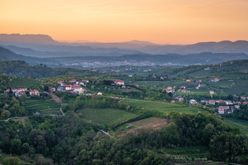 Sunrise view over wine region Brda to town Nova Gorica