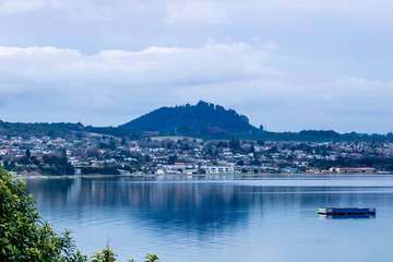 Fototapeta na wymiar The town of Lake Taupo from the lake, New Zealand