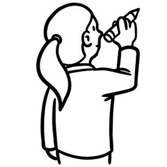 Vector comic drawing of a woman writing to the wanz with a big pencil. black white, isolated.