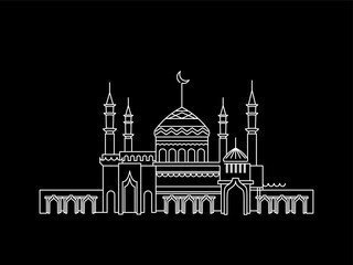 Silhouette of Mosque with Minarets and Crescent on black background. Lineart black and white for Islamic holiday, for celebration Mawlid, birthday of prophet Muhammad, Ramadan Kareem, Eid Mubarak