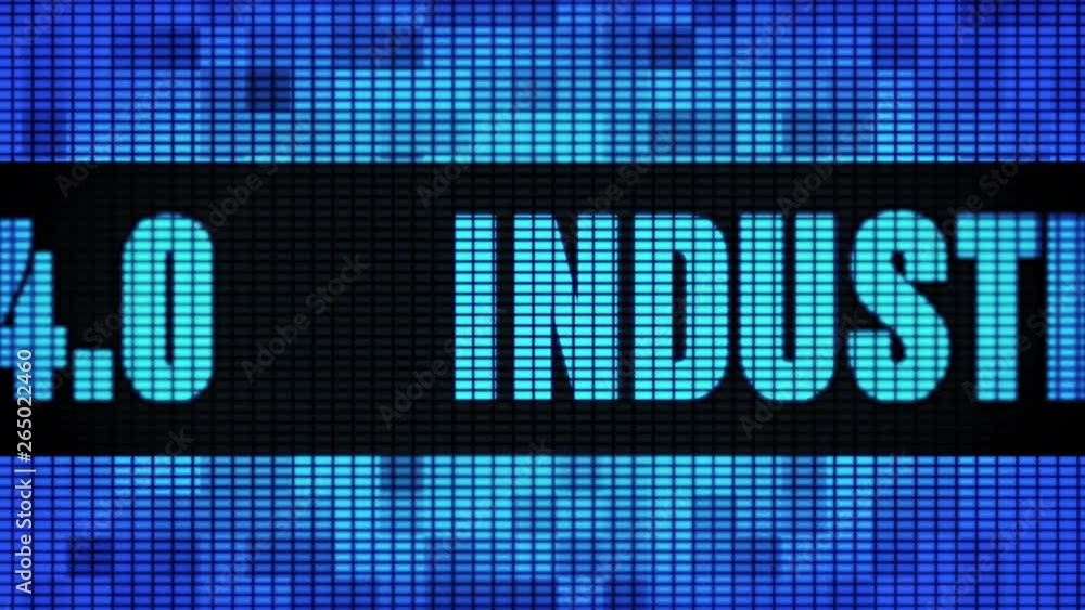 Poster industry 4.0 front text scrolling on light blue digital led display board pixel light screen looped 