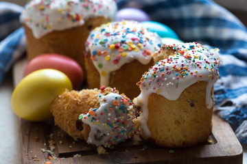 Photo of Easter cake and eggs. Traditional Russian and Ukrainian Easter cake kulich and painted eggs