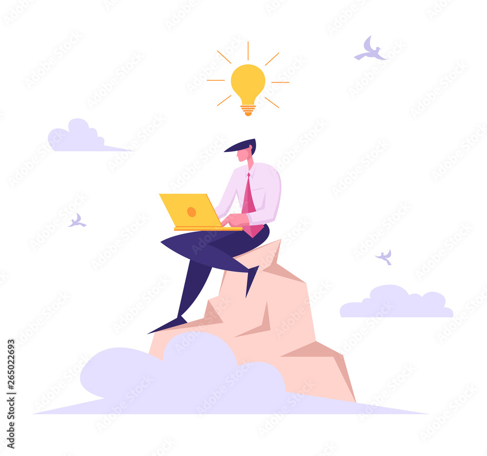 Poster businessman with laptop working on top of mountain. developer with creative idea light bulb coding o