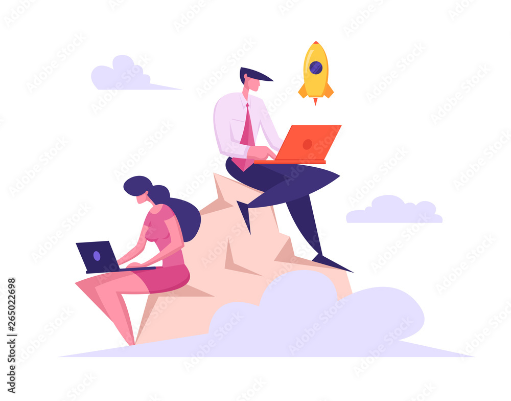 Poster businessmen team with laptop working on top of mountain. developer launch rocket start up on the pea