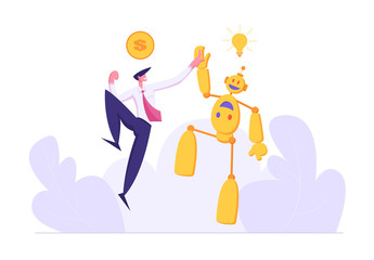 Businessman Giving High Five to Robot. Artificial Intelligence Technology Evolution Concept. Man and Droid Handshaking Partnership Cooperation. Money for Good Idea. Vector flat illustration