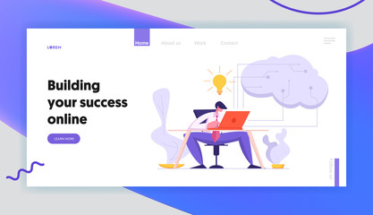 Software Developer Coding with Laptop Landing Page. Artificial Intelligence, Digital Mind Concept with Character Project Manager Programming Website Banner, Web Page. Vector flat cartoon illustration