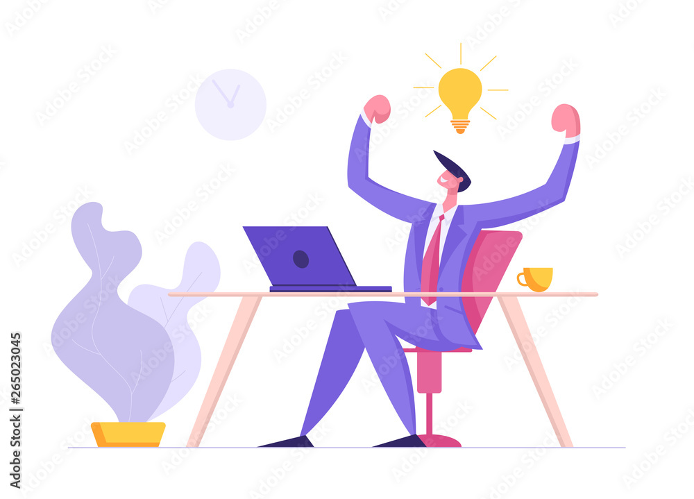 Poster happy man character working with laptop having idea light bulb. male developer coding, developing so