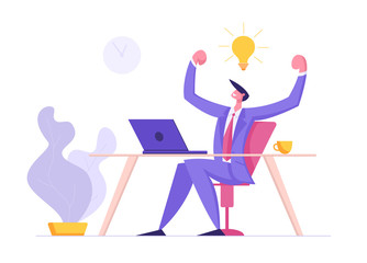 Happy Man Character Working with Laptop Having Idea Light Bulb. Male Developer Coding, Developing Software on Computer. Web Designer Freelancer Concept. Vector flat illustration