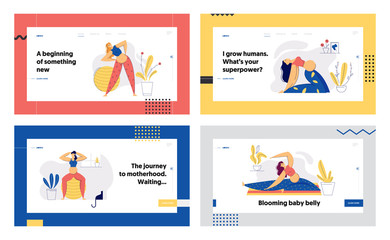 Obraz na płótnie Canvas Pregnant Woman in Yoga Position Landing Page. Pregnancy Mother Exercises. Sport Healthy Lifestyle Maternity Concept. Pregnant Girl with Belly Training Banner, Website. Vector flat cartoon illustration