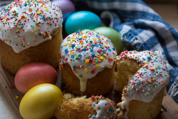 Photo of Easter cake and eggs. Traditional Russian and Ukrainian Easter cake kulich and painted eggs