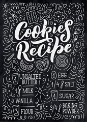 Lettering with cookies recipe. Delicious poster. Concept design. Vector illustration. Funny christmas text. Bakery card.