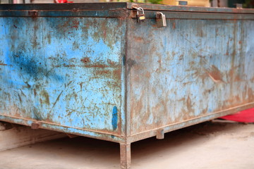 Big metal waste container painted blue. Sunday Market-Hotan-Xinjiang-China-0099