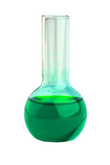 transparent glass coba with green liquid, poison, acid, isolated on white