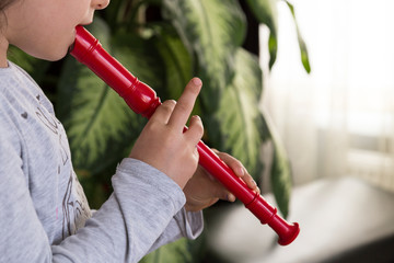 the child playing flute in a music school for education concept © Fertas