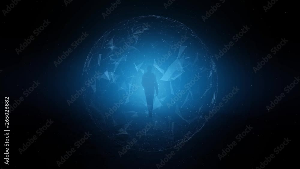 Poster artistic cyberspace globe in the universe with a walking man.