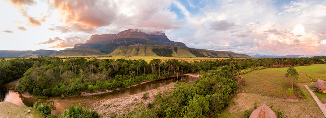 Auyan Tepui panoramic view from Uruyen indigeous camp during a sunrise. Bolivar State, Venezuela