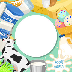Fresh dairy products concept round pattern vector illustration. Organic, quality food. Great taste and nutritional value. Farm animal milk, ice cream and cottage cheese.