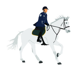 Elegant horse with jockey vector illustration isolated on white background. Police man riding horse. Hippodrome sport event. Police mounted officer for crowd control situation protest policemen patrol