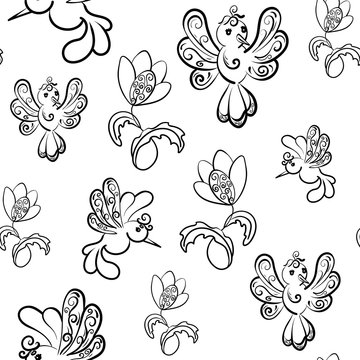 Seamless vector pattern. Fabulous flowers and birds.