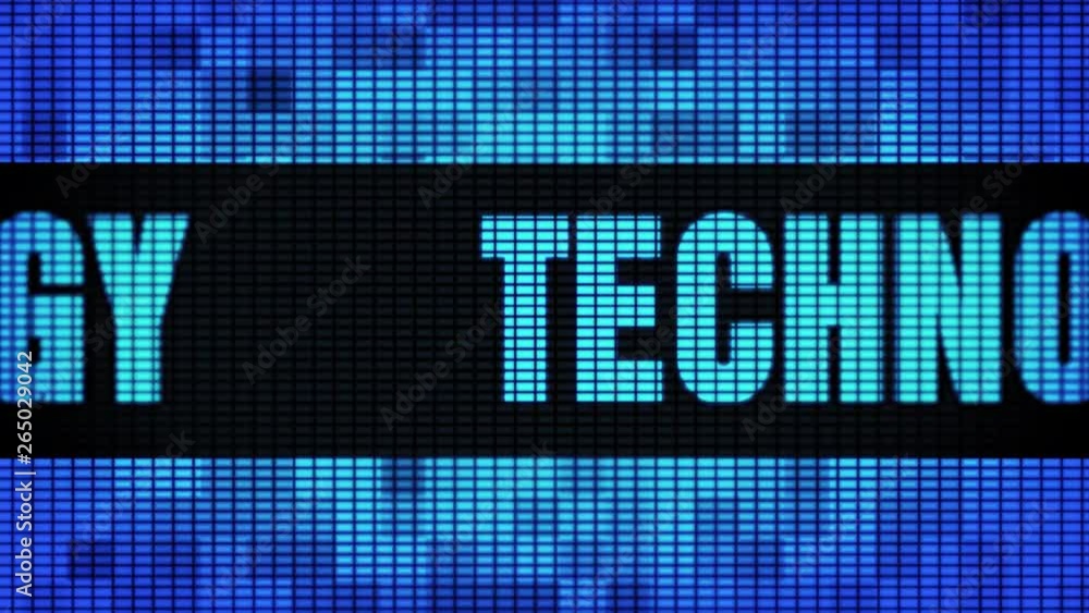 Poster technology front text scrolling on light blue digital led display board pixel light screen looped an